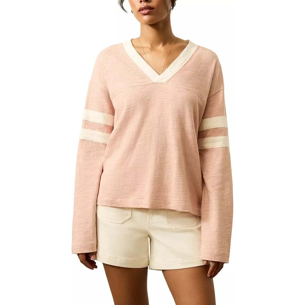 Faherty Women S Sunwashed Varsity Stripe Long Sleeve T-Shirt Pink Slub Knit Top